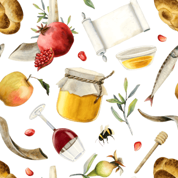 Jewish Rosh Hashanah watercolor seamless pattern for New year gift wrapping with scroll, pomegranates, honey, apples, fish, challah, shofar and wine png