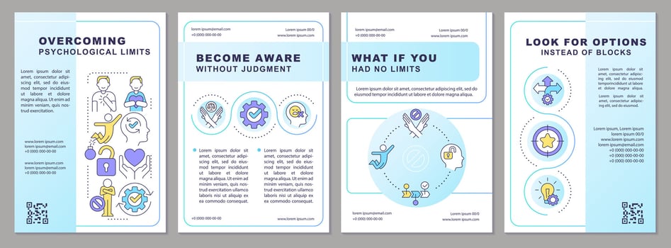 Overcoming mental barriers tips brochure template. Personal growth. Leaflet design with linear icons. Editable 4 vector layouts for presentation, annual reports