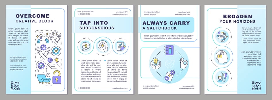Remove barriers to inspiration brochure template. Creative block. Leaflet design with linear icons. Editable 4 vector layouts for presentation, annual reports