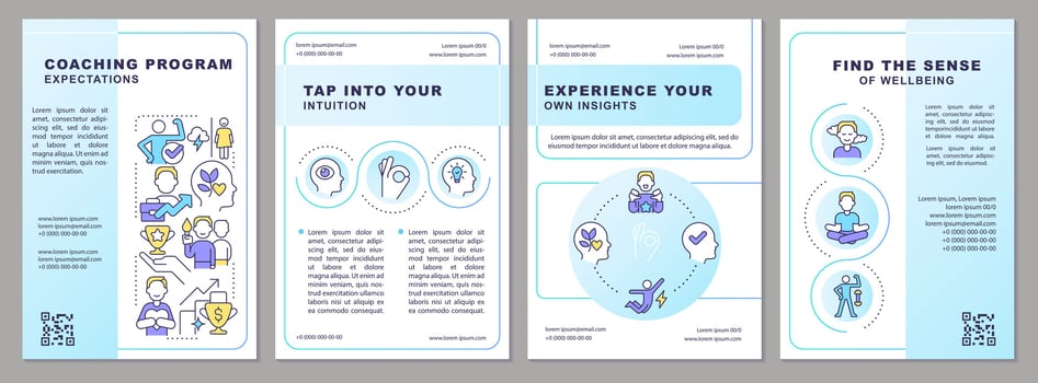 Key goals of coaching brochure template. Personal development. Leaflet design with linear icons. Editable 4 vector layouts for presentation, annual reports