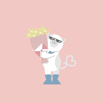 cute and lovely cat with sunglasses, flower and love letter, happy valentine's day, birthday, love concept, flat vector illustration cartoon character design isolated