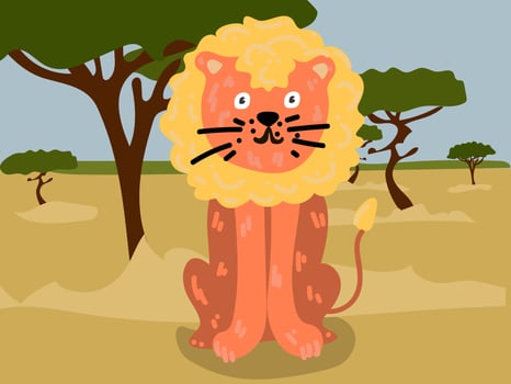 Illustration of a cartoon lion in the safari, desert. Savannah with a funny lion. The king of animals in his usual place of residence. Children's illustration, printing for children's books vector