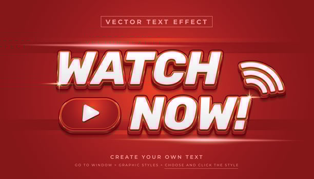 Editable shiny red text effect. Watch now streaming graphic style on red background vector