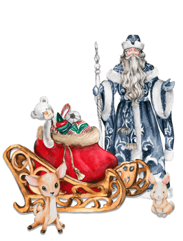 Watercolor illustration of Santa Claus with Christmas stick in blue coat with white ornament and baby animals. png