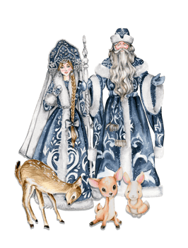 Watercolor illustration of Santa Claus with Christmas stick in blue coat with white ornament, Snow Maiden in blue dress and baby animals png