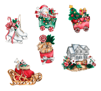Set of elements for Christmas. Christmas sledges, skates, wagons house . png