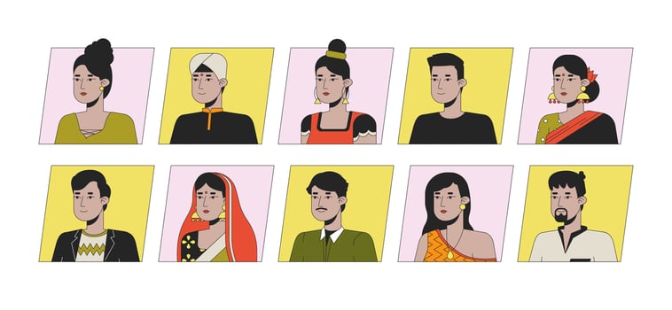 Pretty indian people flat color cartoon avatar icons bundle. Editable 2D user portrait linear illustration. Isolated vector face profile clipart. Userpic collection, person head and shoulders