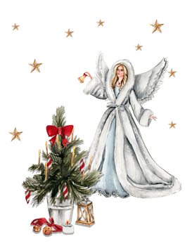 Watercolor illustration of Christmas tree and angel in gray coat. png