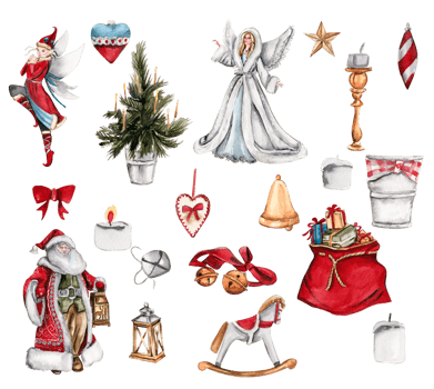 Set of elements for Christmas. Christmas tree, red bag with presents, angel, elf , Santa. Watercolor hand drawn illustration. Winter holiday. png