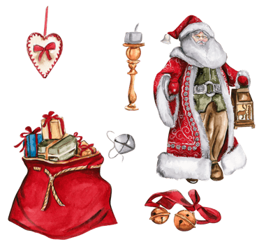 Watercolor illustration of Santa Claus, bells and red bag with Christmas gifts. Greeting New Year's card, Santa Claus with long white beard. Santa in red coat with white ornament. png