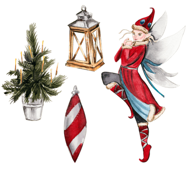 Watercolor illustration of Christmas tree, lamp and elf. png