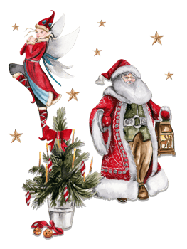 Watercolor illustration of Santa Claus Christmas tree and elf. Greeting New Year's card, Santa Claus with long white beard. Santa in red coat with white ornament. png