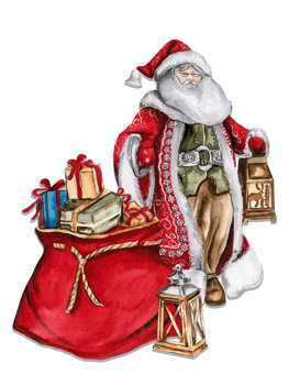 Watercolor illustration of Santa Claus and red bag with Christmas gifts. Greeting New Year's card, Santa Claus with long white beard. Santa in red coat with white ornament. png