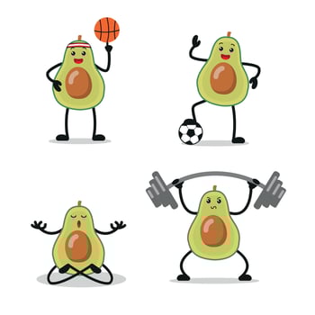 cute avocado training different sport activity pose vector illustration.