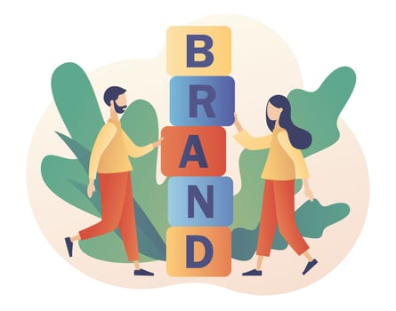 Tiny people build the word BRAND from cubes. Work on branding. Company development. Corporate identity. Self-positioning, individual brand strategy. Modern flat cartoon style. Vector illustration