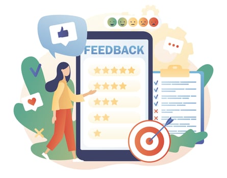 Feedback concept. Tiny woman leave feedback, put assessment online in smartphone app. Customer survey, review and opinion. Modern flat cartoon style. Vector illustration on white background