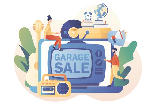 Flea market online. Garage sale - advertisement on laptop screen. Yard sale. Tiny sellers and customers. Vintage goods or rag fair. Bazaar. Modern flat cartoon style. Vector illustration