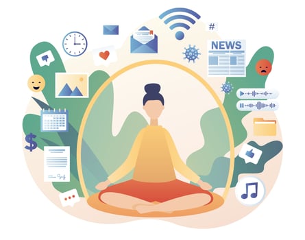 Dome filter protects woman from unnecessary information. Information detox. Digital detox. Information overload concept. Meditation. Modern flat cartoon style. Vector illustration on white background