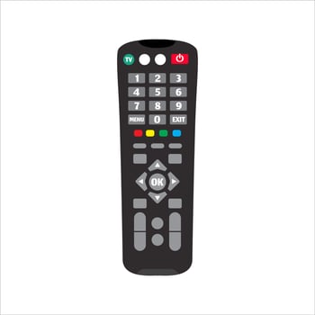 TV remote control device isolated on white background Television technology channel surfing equipment with icon buttons Technology Telecommunication Keyboard. Vector illustration.