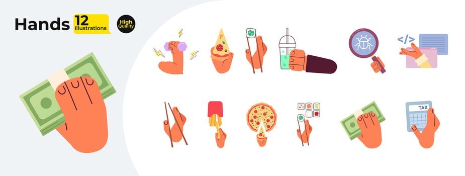 Hands hold things semi flat colour vector objects bundle. Many hands with food, money. Editable cartoon clip art icon on white background. Simple spot illustrations collection for web graphic design