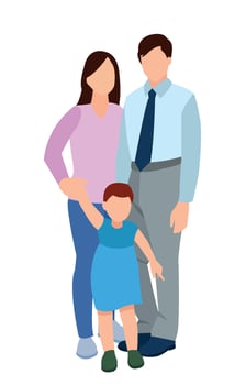 Set of happy traditional heterosexual families with children. Smiling mother, father and kids. Cute cartoon characters isolated on white background. Colorful vector illustration in flat style