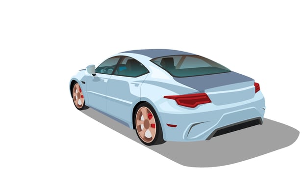 Vector or Illustrator of cartoon car. Isometric rear side view of car. Can view interior of car. No driver. Sedan of soft blue car. Shadow on isolated white background.