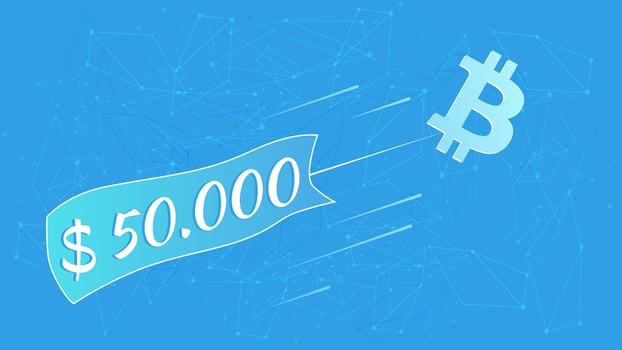 Bitcoin BTC flies with sticker 50000 dollars on blue abstract polygonal background. Vector illustration for news.