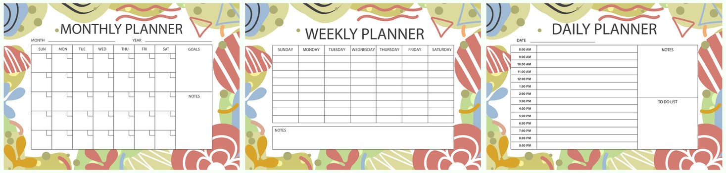 Printable planner template set. Set of  Monthly, weekly, daily planner template with notes, goals and to do list. Schedule, Agenda, Weekly Overview, Journal, Organizer, Vector illustration