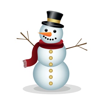 Snowman in a hat and scarf with gold buttons.  isolated on a white background. Vector illustration