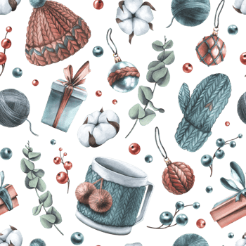 Winter, New Year, Christmas seamless pattern with knitted things, cotton, eucalyptus, berries, Christmas balls, toys, gifts. Watercolor illustration hand drawn png