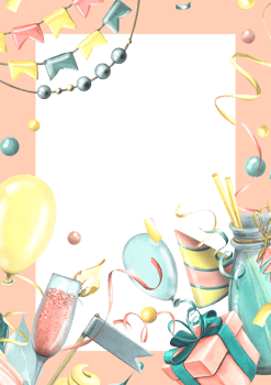 Vertical birthday card with pink champagne, balloons, gifts, confetti, flags. Watercolor illustration, hand drawn. Frame template for text png
