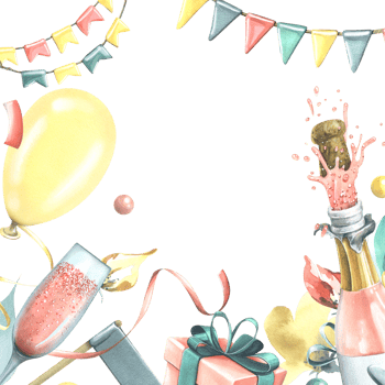 Pink champagne glass and bottle with flying cork, gift box, balloon, confetti and flags. Watercolor illustration, hand drawn. Template, frame png