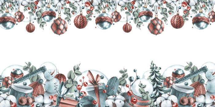 Winter, New Year, Christmas seamless border with snowman, knitted things, cotton, Christmas balls, toys, gifts. Watercolor illustration hand drawn png