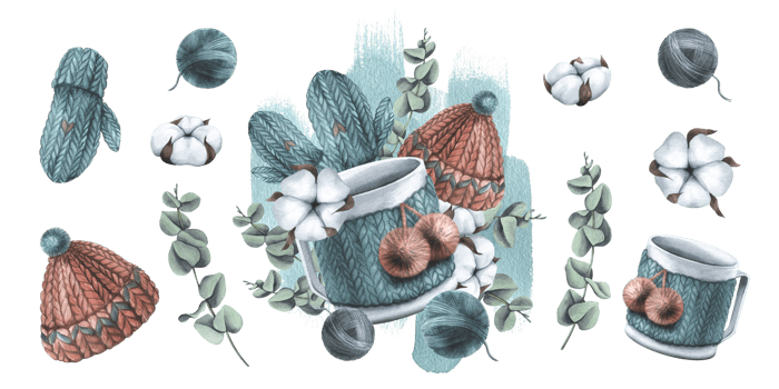 Winter, watercolor illustration with a knitted hat and mittens, balls of thread, with a mug, cotton and eucalyptus. Watercolor illustration hand drawn. Set isolated elements png