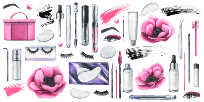 Pink cosmetic bag with anemone flowers and various decorative and skin care cosmetics. Watercolor illustration, hand drawn. Set of isolated elements png