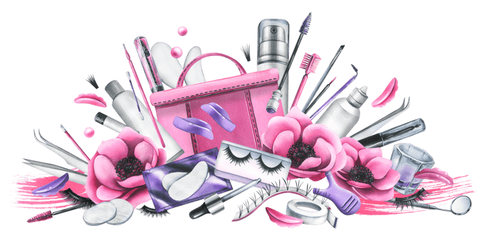 Pink cosmetic bag with beauty master's tools for eyelash extension and lamination, with brushes, silicone rollers. Watercolor illustration, hand drawn. Isolated composition png