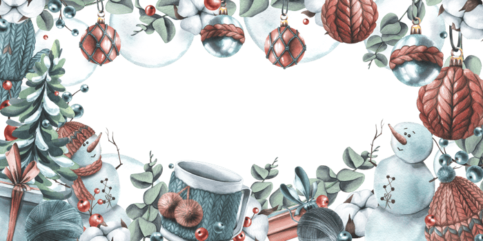 Winter, New Year, Christmas template rectangular frame with a snowman, knitted things, cotton, Christmas balls, toys, gifts. Watercolor illustration hand drawn png