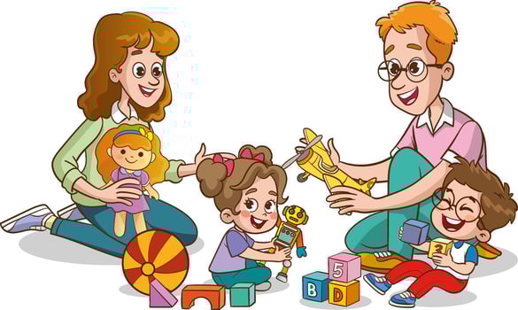 parents playing with kids at home. Educational toys. Children playing designer cubes, developmental constructor, sorter. vector