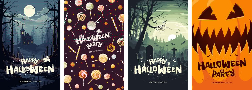 Happy Halloween party poster set. Drawing placards with old mansion, graveyard, candies and scary pumpkin. Art cover horror night. October 31 holiday evening promotional artwork. Typography eps print vector