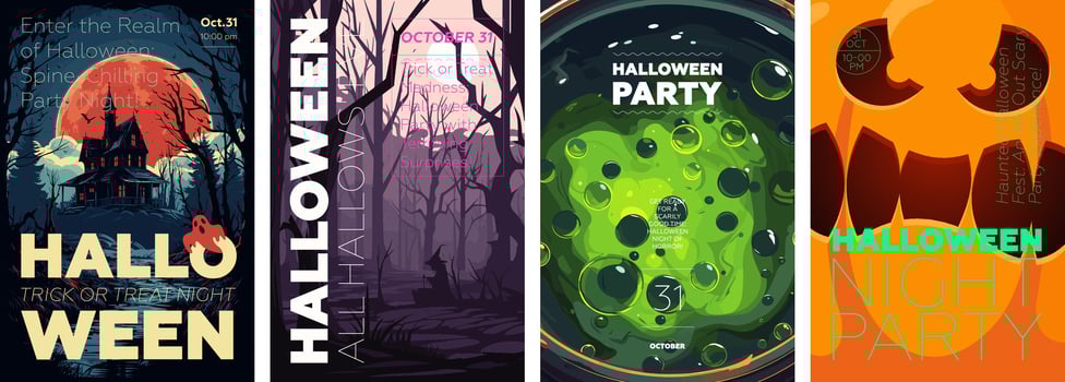 Happy Halloween party poster set. Placards with old mansion, witch in forest, poisonous potion and scary pumpkin. Art cover horror night. October holiday eve promotional artwork. Typography eps print vector