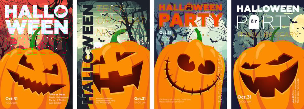 Happy Halloween party poster. Vertical placard scary pumpkin. Art cover spooky Jack Lantern in moonlit. October 31 holiday horror evening promotional artwork banner. Creative typography vector prints