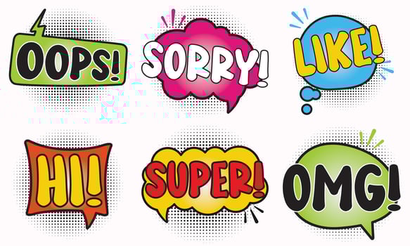 Collection of Cartoon, Comic Speech Bubbles. Colored Dialog Clouds with Halftone Dot Background in Pop Art Style vector