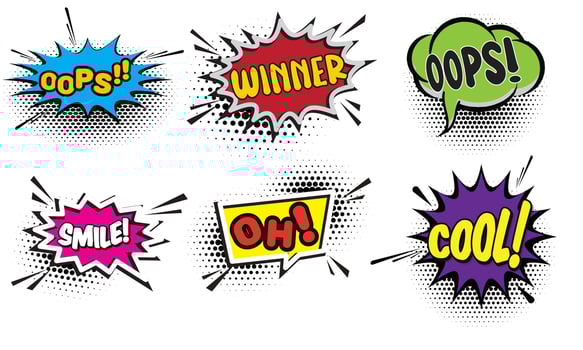Vector set of comic sound effects, pop art message speech bubbles different shapes and emotions with word. Comics fun book balloon. Cartoon explosion cloud dialog on white background.