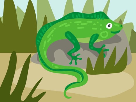 Illustration of a cartoon iguana in the grass on a stone. An illustration with a funny iguana. A green lizard at its usual place of residence. Children's illustration, printing for children's books vector