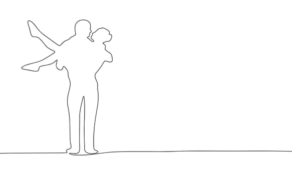 One continuous line drawing of loving man hold in arms excited woman or Happy guy carrying in hands joyful girl. Love and relationships concept. Single line draw design vector illustration