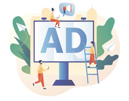 Outdoor advertising. Tiny people and big advertisement banner. Advertising agency concept. Service advertisement, Digital marketing, SMM. Modern flat cartoon style. Vector illustration