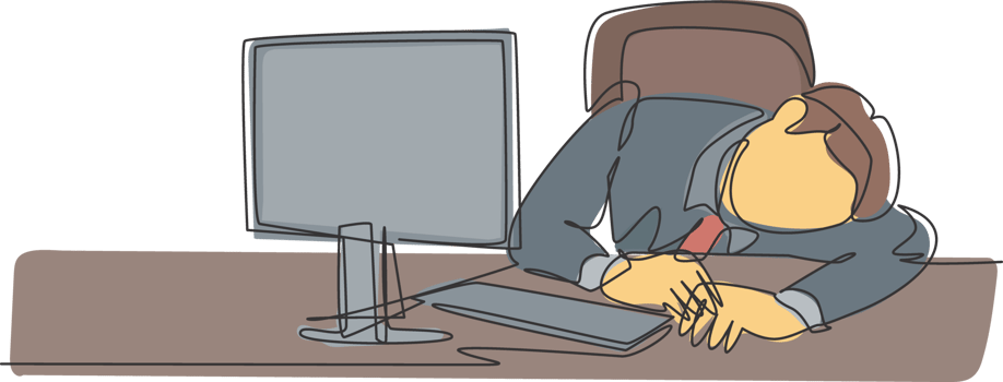 Single continuous line drawing of young sleepy startup CEO fall asleep on work desk while he was reading. Work overload fatigue at the office concept one line draw design graphic illustration png