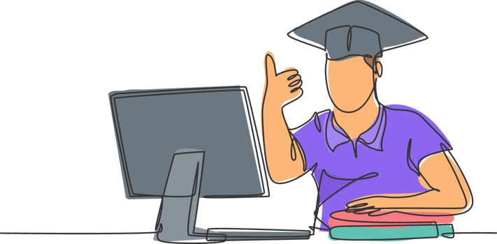 One line drawing of young happy male college student studying in front of computer and gives thumbs up gesture. Graduate student concept. Education continuous line draw design illustration png