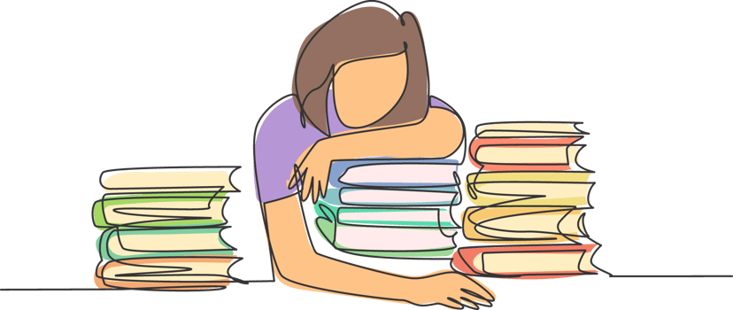 One single line drawing of young bored female college student fall asleep on pile of books while studying at library. Learning concept. Modern continuous line draw design graphic illustration png