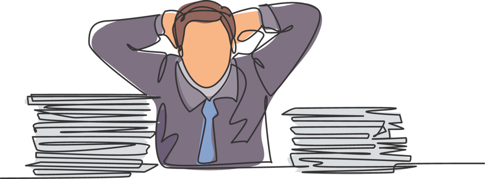 Single continuous line drawing of young frustrated businessman got headache facing pile of papers project on his desk. Overtime work at the office concept one line draw design illustration png